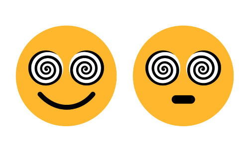 Two yellow happy faces with hypnotic swirly eyes. One is smiling and one has a shocked expresion.