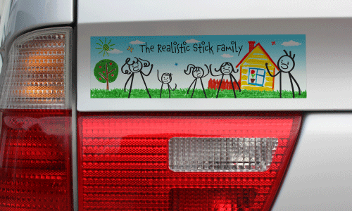 Back bumper of white sedan. There is a bumper sticker of a bickering stick people family in a children's colored drawing of grass, a tree and a yellow house. 