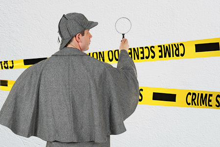 investigator observing a wall with crime scene investigation tape